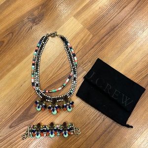 J Crew Statement Neon Sparkly Statement Necklace and Bracelet Brown Coral Teal